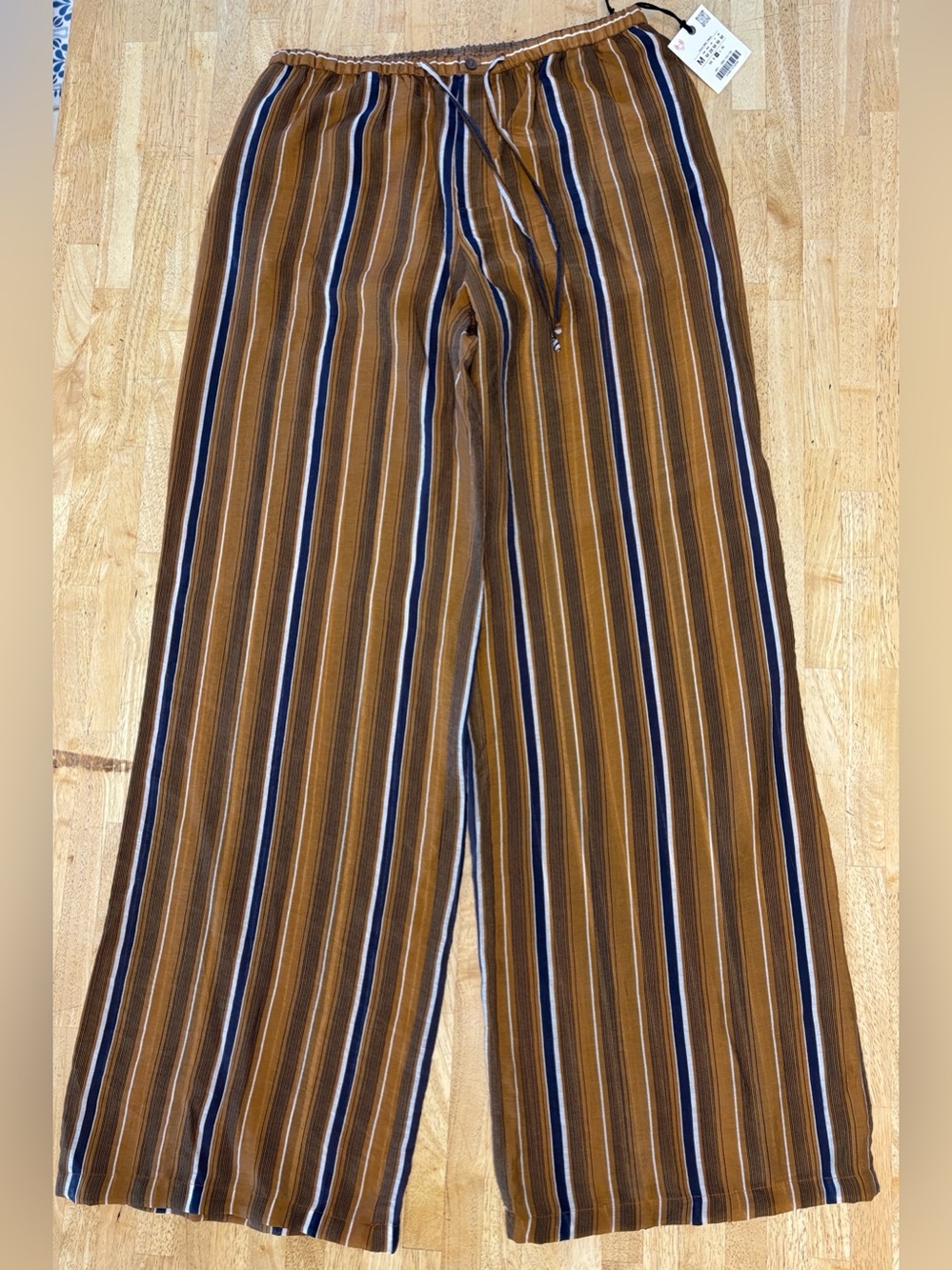 Zara Striped Semi Sheer Wide Leg Pants M Flowy Elastic Drawstring Beach Palazzo